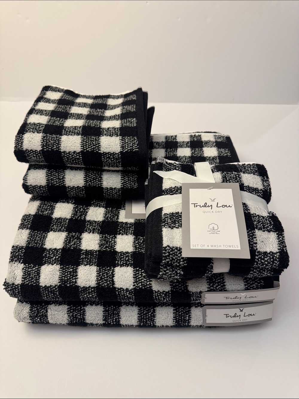 8pc TRULY LOU Quick Dry 💯% Cotton Black and White Checkered Bath Towel Set